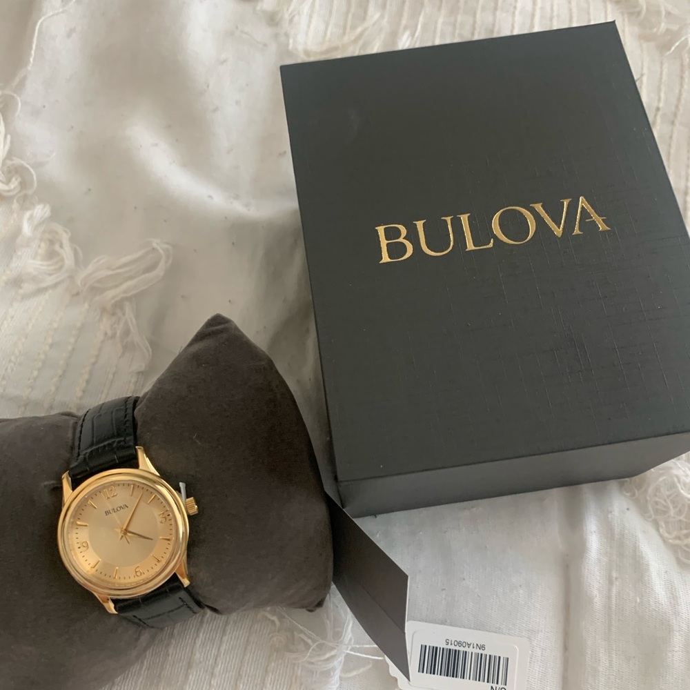 💯 Bulova Gold Black Leather Watch- 97V25